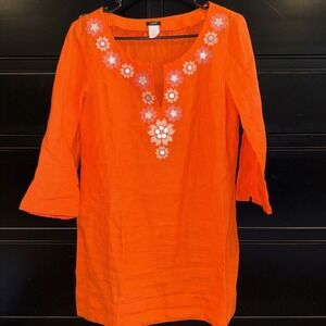 J‎ Crew Orange Linen Embroidered Tunic Top Size 4 Sleeves 3/4 Embellished